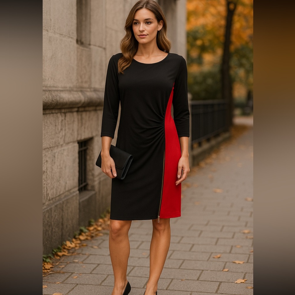 Nina Leonard Black & Red Colorblock Sheath Dress with SideZipperDetail Size L ❤️